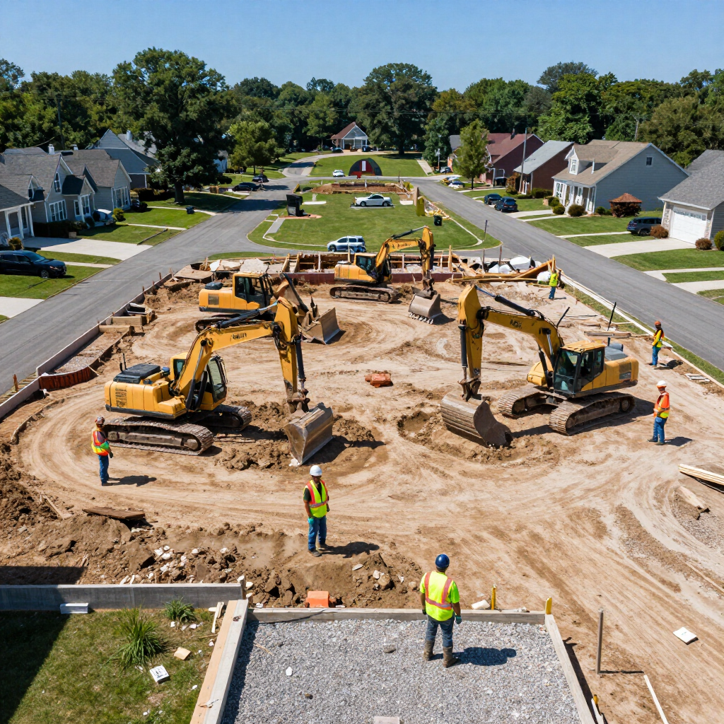 Construction crews with yellow excavators working in a neighborhood roadwork site
