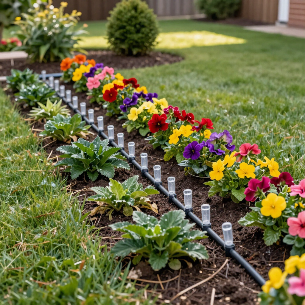 Flower bed with colorful pansies and drip irrigation along a lawn edge
