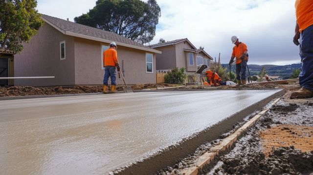 Construction workers in orange safety gear finishing a newly poured concrete surface outside suburban homes.