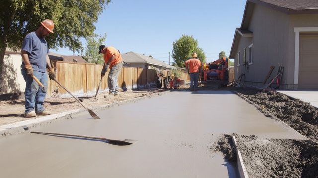 Workers in high-visibility gear smooth wet concrete for a new driveway beside a house in St. Mary's County MD.