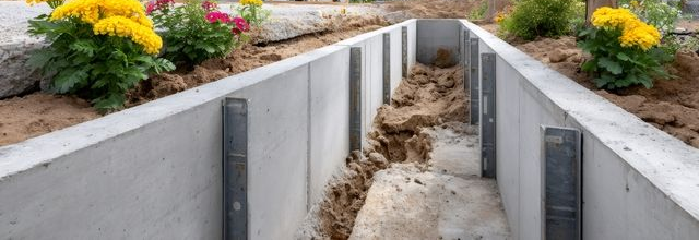 A concrete channel under construction with metal bracing, flanked by soil and bright yellow flowers.