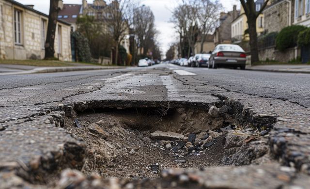 A large, deep pothole in the asphalt of a street lined with buildings and parked cars.