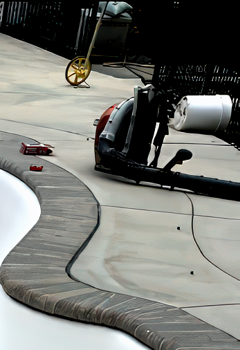 A leaf blower, a measuring wheel, and a toy car on a concrete pool deck near a tiled pool edge.