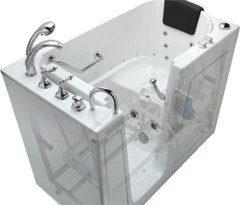 A walk in bathtub with a handle on the side
