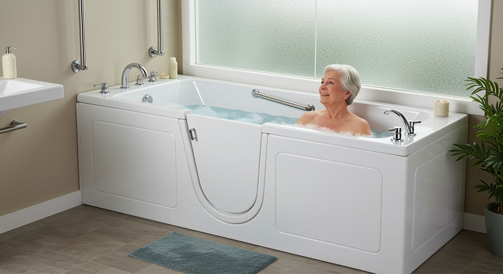 An elderly woman is taking a bath in a walk in tub.
