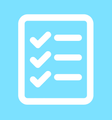 A white checklist icon with three checkmarks on a light blue square background.