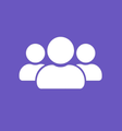 A white icon of three stylized people standing together against a solid purple square background.