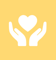 White icon of a heart cupped in two hands, centered against a solid yellow background.