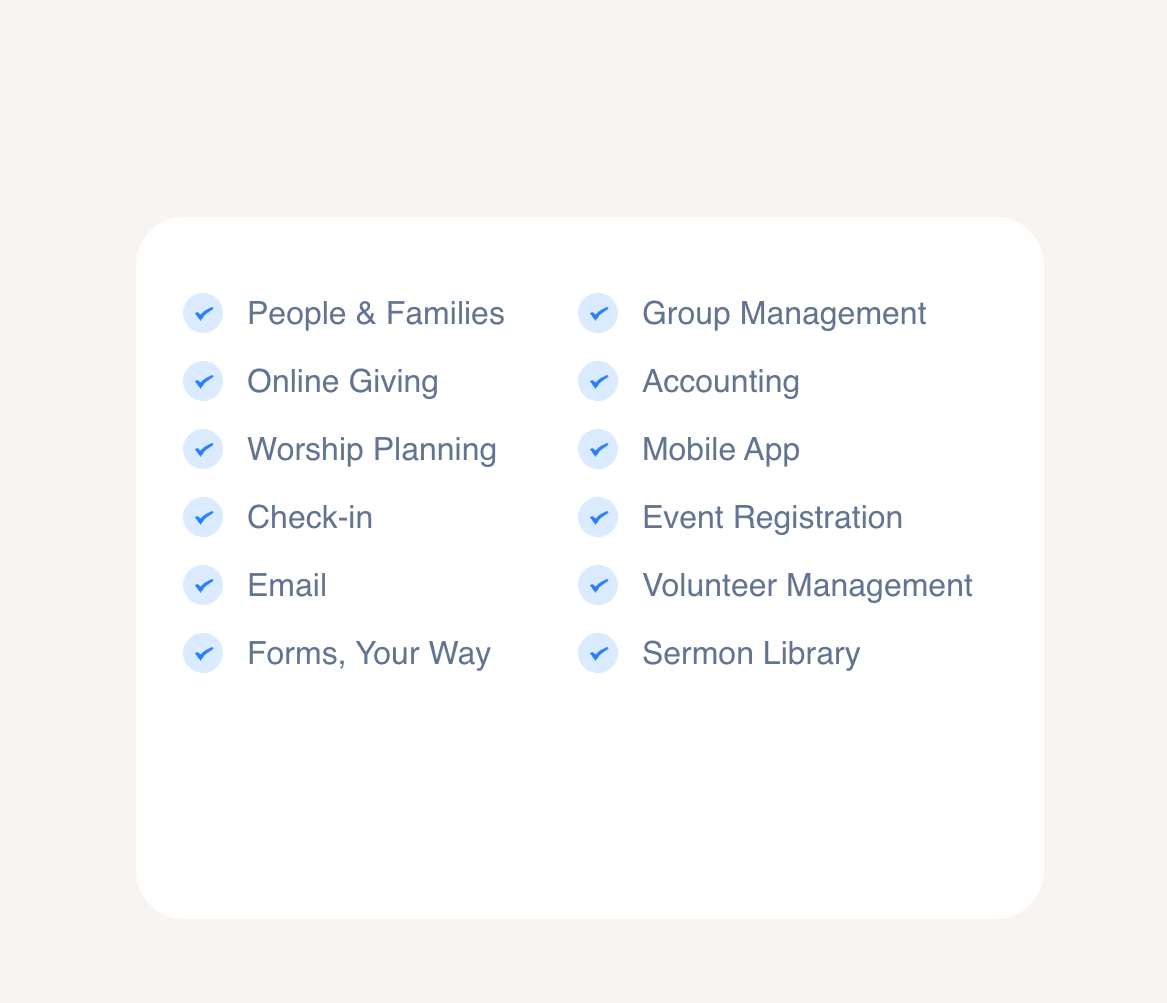 A list of twelve software features, including People & Families, Online Giving, Accounting, and Event Registration.