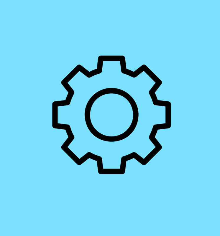 A black gear icon centered on a solid light blue background.