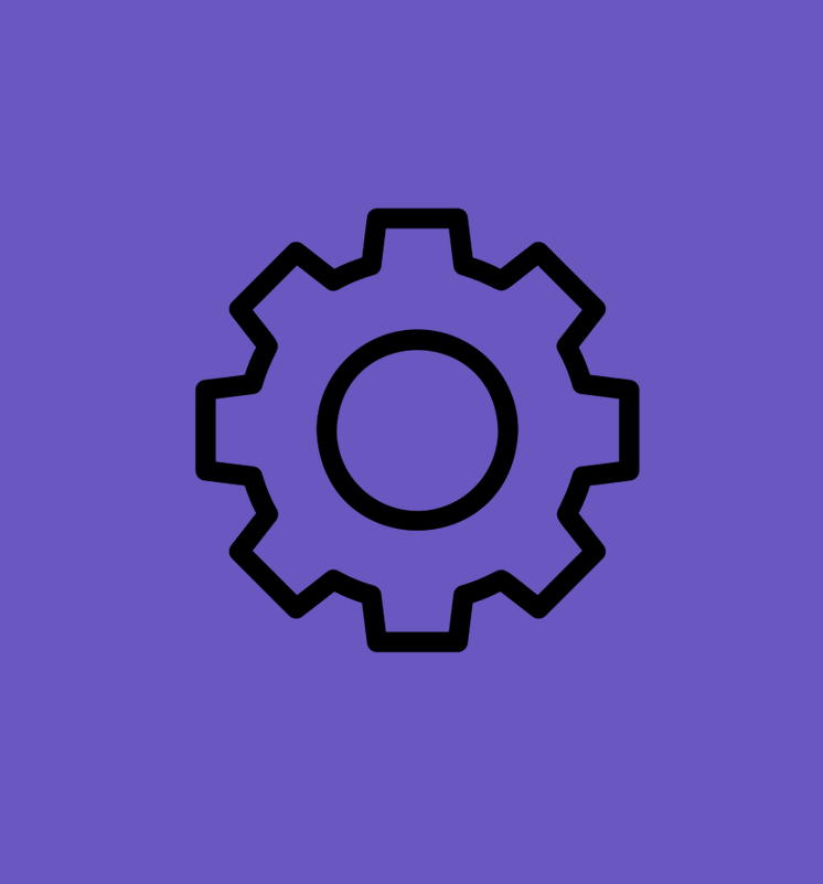 A black outline of a gear icon centered on a solid purple square background.