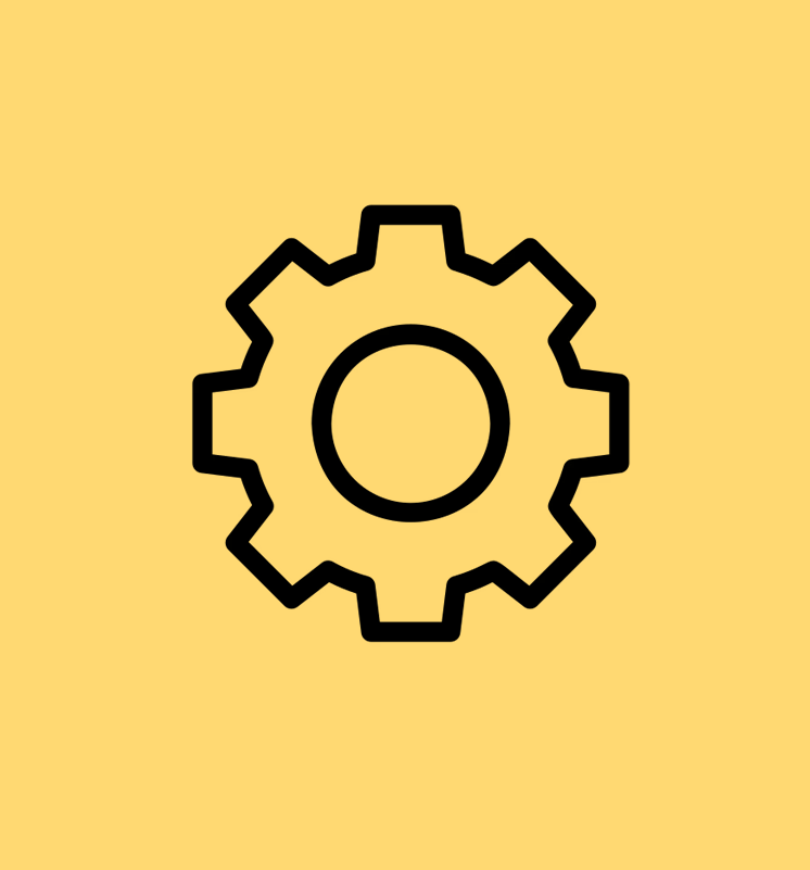 Black gear icon centered on a solid yellow square background.