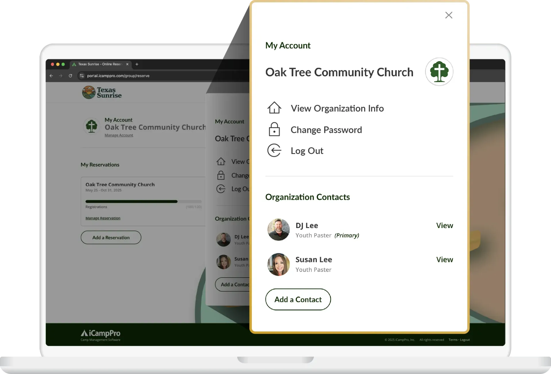 Laptop with user account menu open for Oak Tree Community Church, showing organization info and contacts.