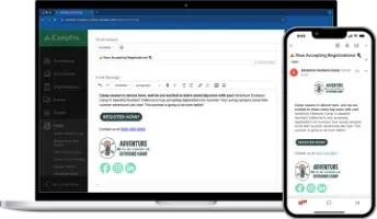 Email displayed on laptop and phone screen, promoting Adventure Summer Camp with a