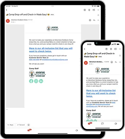 A tablet and a cell phone are displaying an email.