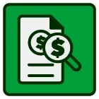 Green document icon with dollar signs and a magnifying glass, indicating financial review or search