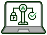 Laptop screen with a scale balancing a padlock and a checkmark.