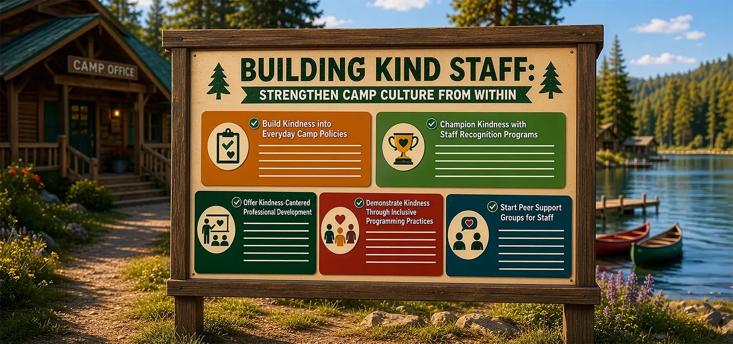 A camp staff bulletin board sign outside a camp office with different kindness initiatives posted.