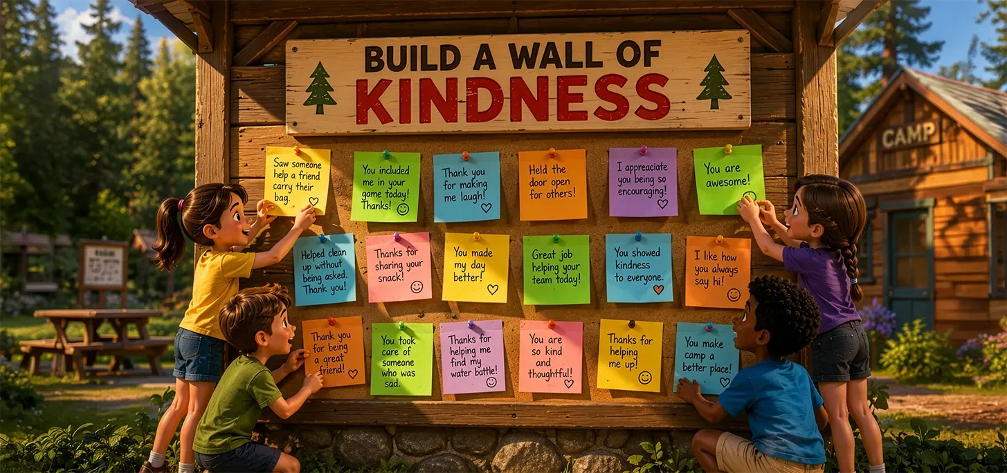 A board that says build a wall of kindness with campers posting notes.