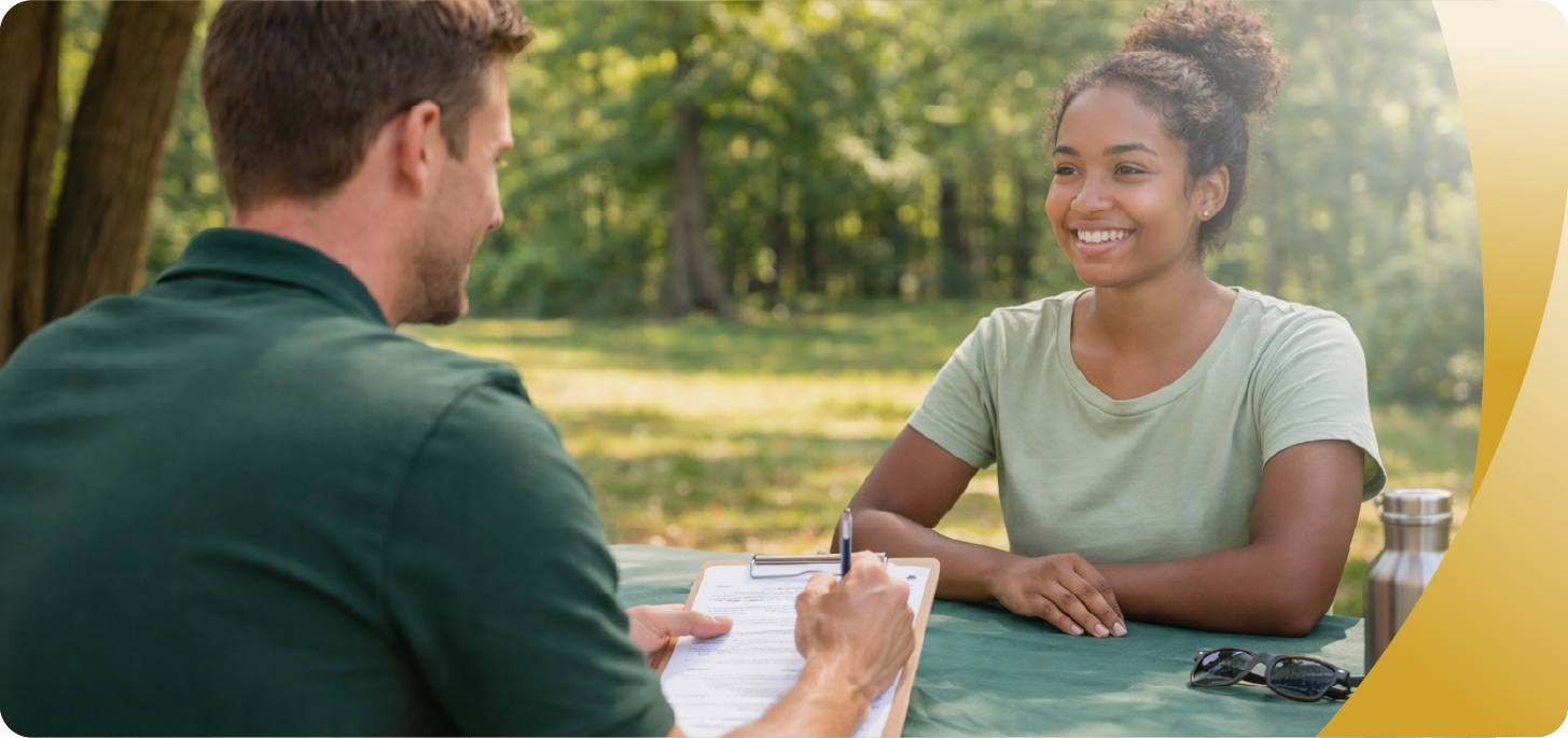 Image of camp staff member with clipboard conducting interview.