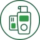 Green icon of a pump bottle and a small box, inside a green circle.