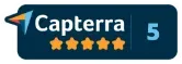 Capterra badge with five gold stars and a 5 rating.