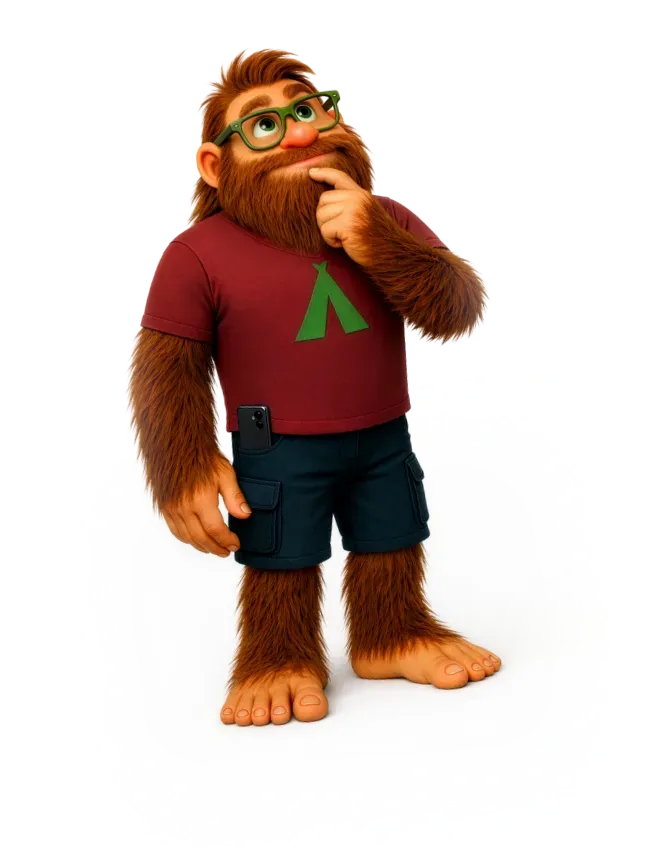 A friendly, furry creature with brown hair and green glasses
