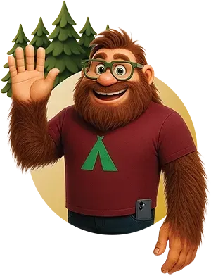 A friendly, furry creature with glasses and a tent-logo shirt waving in front of a forest background.