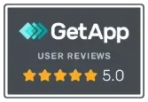 GetApp user reviews rating: 5 stars, dark gray background, white text, turquoise logo.
