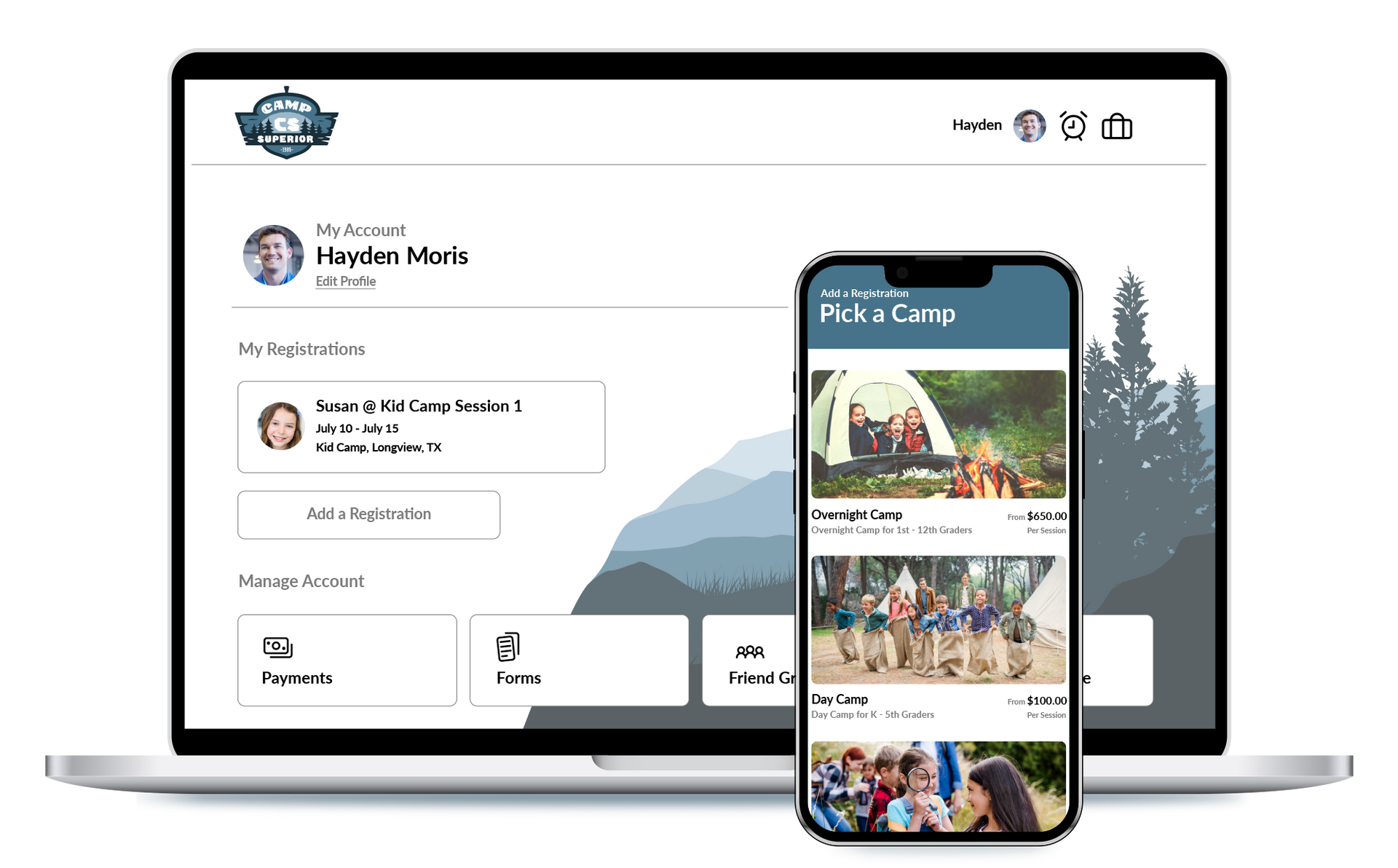 Illustration of iCampPro Registration Portal on laptop and phone with Inc 5000 logo.