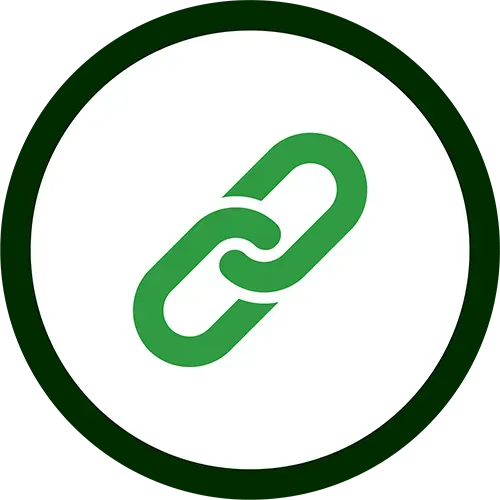 Green chain-link icon inside a dark green circle on a white background