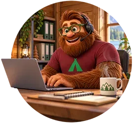 Smiling furry character wearing headphones