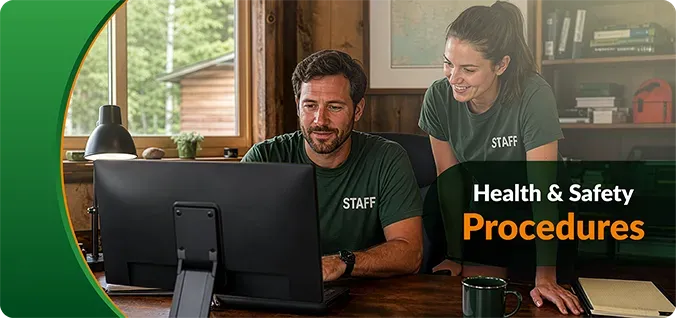 Two staff members at a laptop