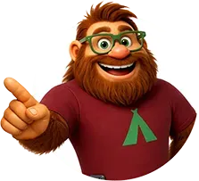 Smiling cartoon bearded character with green glasses