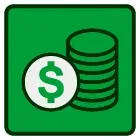 Green money icon with dollar sign and stacked coins