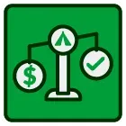 Green square icon showing a balance scale with a dollar sign and check mark, symbolizing money and approval