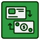 A green icon with two cards and a dollar sign on it.
