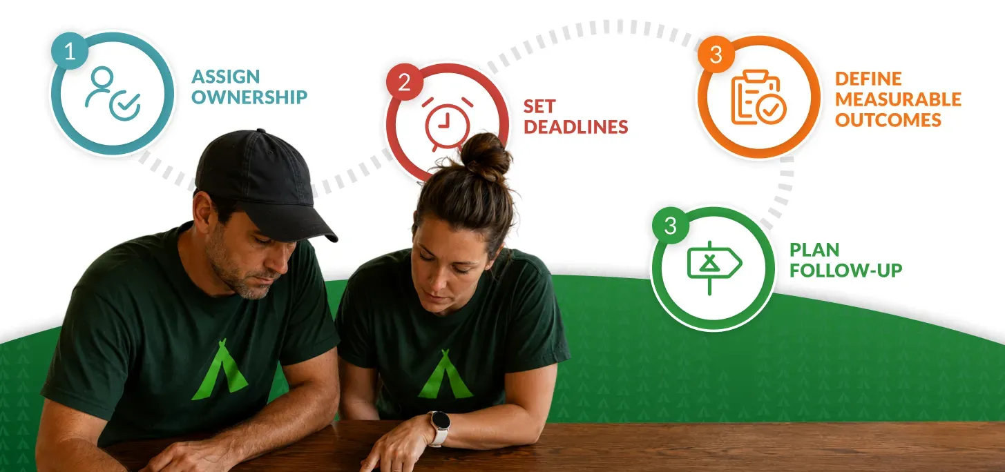 Two people reviewing a list of four safety steps beside a green construction backdrop