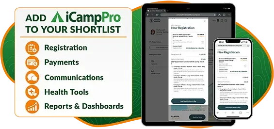 ICampPro promo with green theme, checklist features, and phone/tablet app screens for registrations and reports