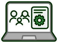 A laptop computer with a group of people and a gear on the screen.