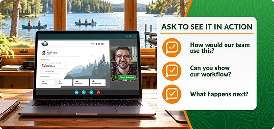 Laptop showing a video meeting and a shared presentation beside a checklist