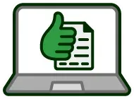 A laptop computer with a green hand giving a thumbs up.