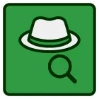 A green square with a hat and a magnifying glass.