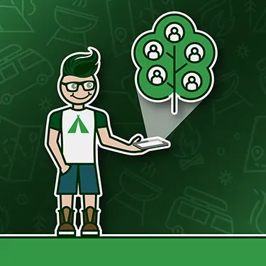 A cartoon of a man holding a cell phone with a tree of people coming out of it.