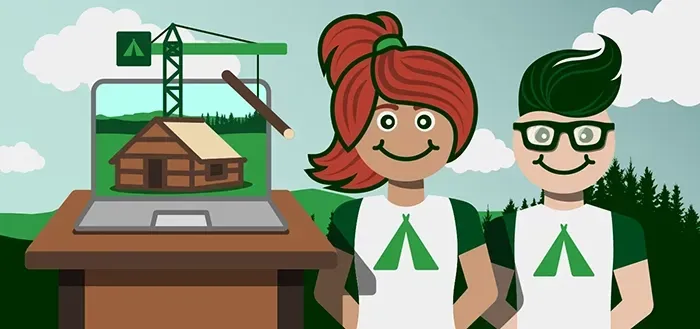 Illustration of laptop with a cabin and crane on it, two camp staff.
