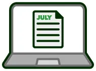 A laptop computer with a july document icon on the screen.