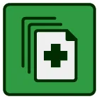 A stack of papers with a cross on them in a green square.