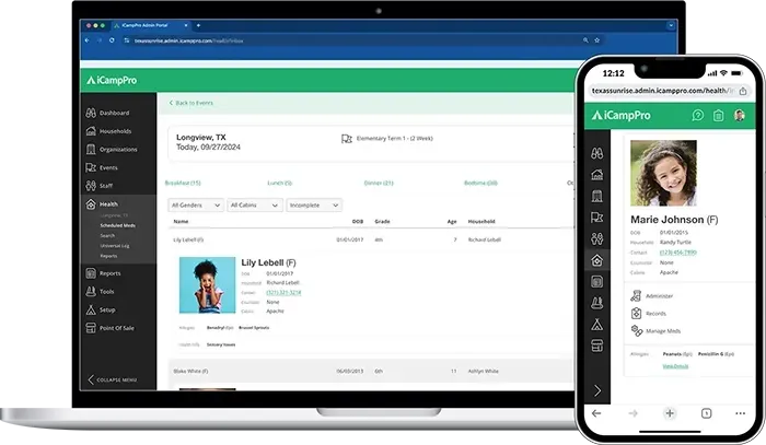Image of sample health records in iCampPro on a laptop and cell phone.