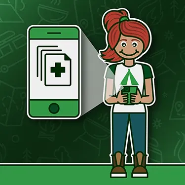 A cartoon girl is holding a cell phone in front of a green background.