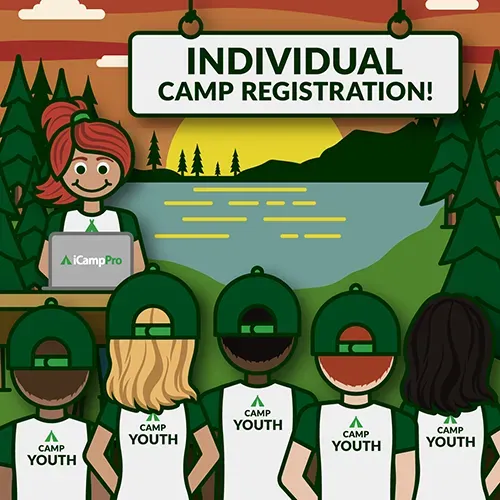 A group of people standing in front of a sign that says individual camp registration